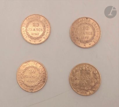 null 4 pièces de 20 Francs en or: - 3 pièces de 20 Francs en or. Type Génie. 1877...
