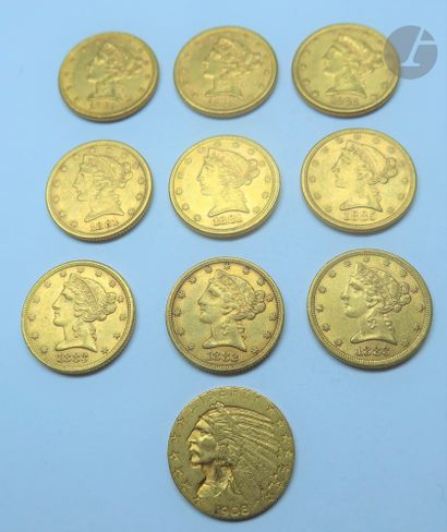 null 10 pièces de 5 Dollars en or : - 9 pièces de 5 Dollars en or. Type Liberty....