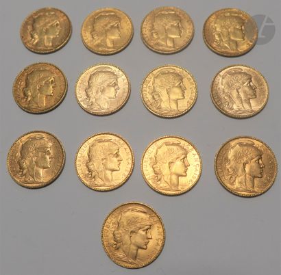 null 13 pièces de 20 Francs en or. Type Coq. 1904 (5) - 1906 (5) - 1907 (3)