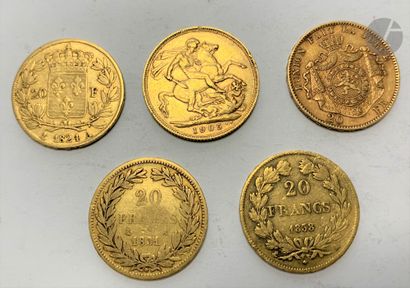 null Lot de 5 pièces en or, européennes: - 1 Souverains en or. Type Edouard VII....