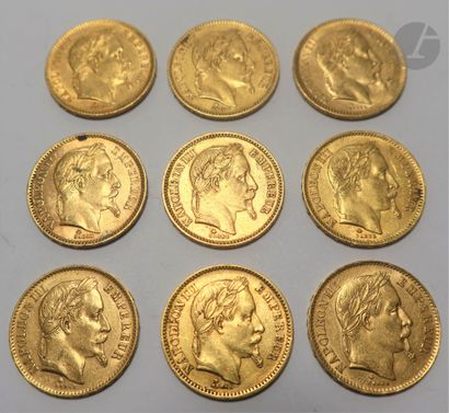 null 9 pièces de 20 Francs en or. Type Napoléon III tête laurée. 1862 A (2) - 1864...
