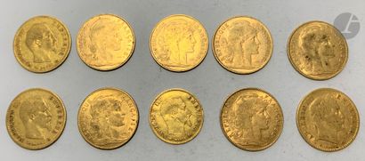 null Lot de 10 pièces françaises en or :
- 6 pièces de 10 Francs en or. Type Coq....