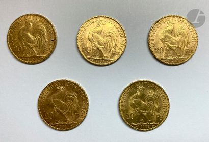 null 5 pièces de 20 Francs en or. Type Coq. 1903 - 1905 - 1906 - 1911 - 1912.