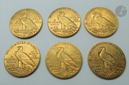null 6 pièces de 5 Dollars en or. Type Indian Head. 1908 - 1909 (2) - 1910 S - 1911...