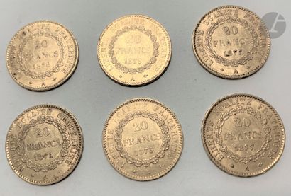 null 6 pièces de 20 Francs en or. Type Génie. 1875 A (2) - 1876 A - 1877 A (2) -...