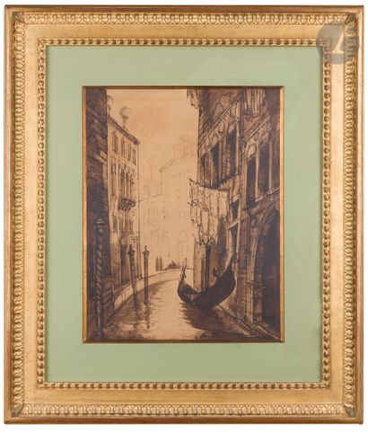 null André MAIRE (1898-1984)
Venise, gondole sur un canal 
Encre et lavis d’encre
Signée...