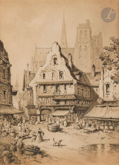 null Louis KRIEGER (1873-1940)
Village animé
Ink and ink wash
Signed lower left
29...