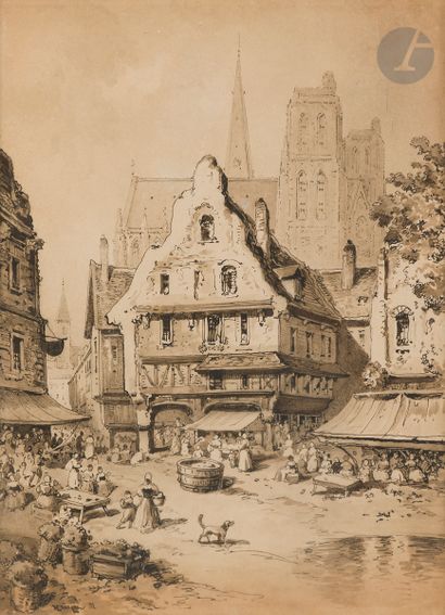 null Louis KRIEGER (1873-1940)
Village animé
Encre et lavis d’encre
Signée en bas...