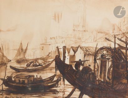 null André MAIRE (1898-1984)
Venice, the gondolas
Ink and ink wash on pencil lines
Signed...