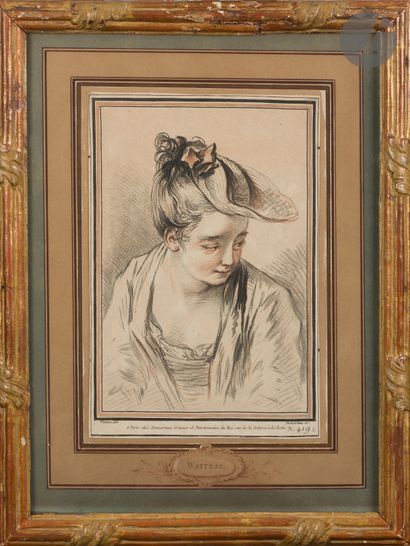  Gilles Demarteau (1722-1776) 
Buste de jeune femme au petit chapeau plat. Vers 1772....