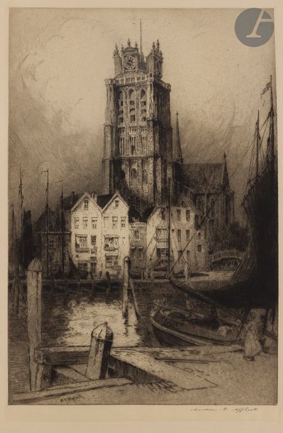 null Andrew F. Affleck (britannique, 1874-1935) 

Bruges ; Intérieur d'église ; Paysage...