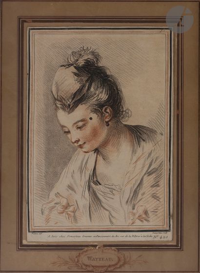  Gilles Demarteau (1722-1776) 
Buste de jeune femme, petite toque et mouche au coin...