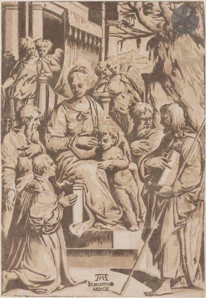 null Alessandro Ghandini (XVIIe s.)
La Vierge entourée de saints. 1610. Bois gravé...