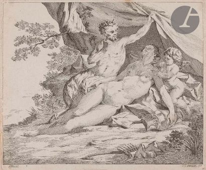 null Louis-Gustave Taraval (1738-1794
)Sleeping nymph and satyr with a love. Etching...