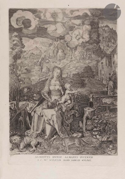 null Albrecht Dürer (1471-1528) (d’après)
La Vierge à l’Enfant dans un paysage. Gravé...