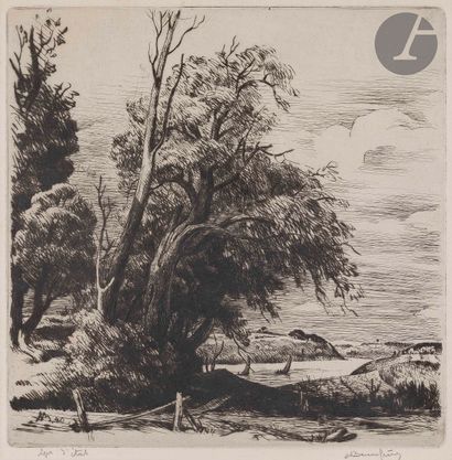 null Adolphe Beaufrère (1876-1960
)Trees overlooking the Laïta. 1940. Etching and...