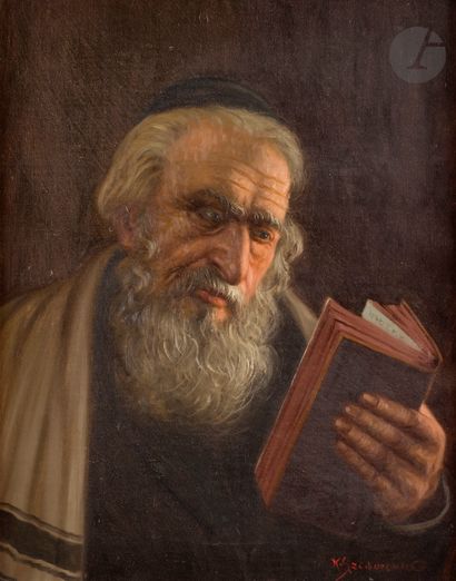 null Konstantin SZEWCZENKO (1915-1991) 
Rabbin au livre 
Huile sur toile. 
Signée...
