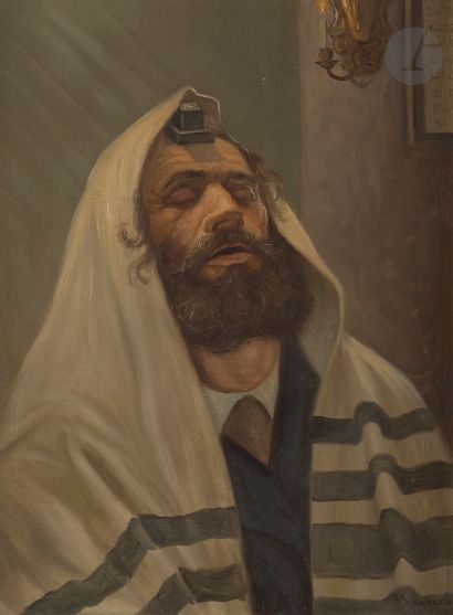 null Konstantin SZEWCZENKO (1915-1991) 
Rabbin en prière 
Huile sur toile. 
Signée...