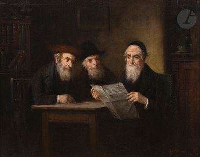 null Lajos KOLOSZVARY (1871-1937) 
Trois rabbins lisant le journal 
Huile sur toile....