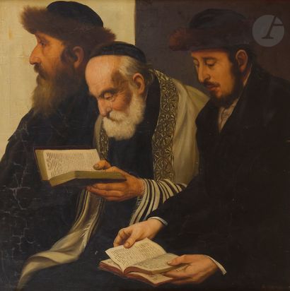 null École d’Europe de l’Est, début du XXe siècle 
Rabbin entouré de ses deux disciples...