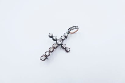 null Silver cross pendant brooch set with quadrangular rose-cut diamonds, the silver...