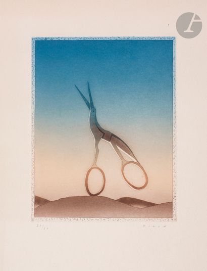 null Jean-Michel Folon (Belgian, 1934-2005) 
Bird scissors. About 1980. Etching and...
