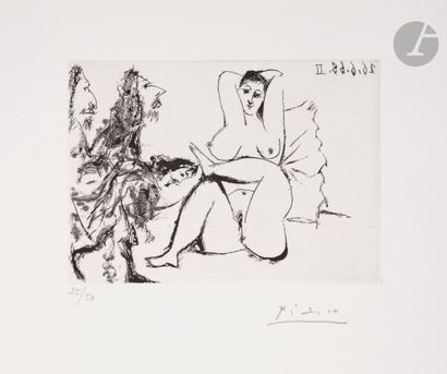 null Pablo Picasso (1881-1973) 
Trois mousquetaires saluant une femme au lit. (Les...
