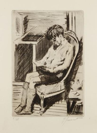 Raphaêl Maurice DROUART (1884-1972) Femme lisant au lit (Cahout) ; Enfant lisant...