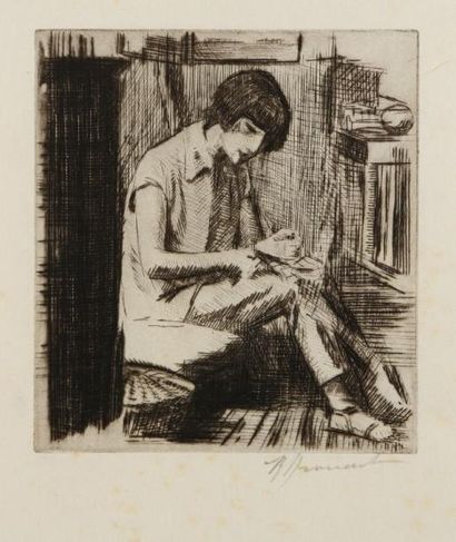 Raphaêl Maurice DROUART (1884-1972) Femme lisant au lit (Cahout) ; Enfant lisant...