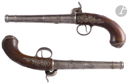 null Pair of "Queen Ann" flintlock pistols converted to percussion. 
Long round barrels,...