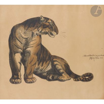 null GEORGES LUCIEN GUYOT (1885-1973)
Tigre assis, vers 1929
Lithographie en couleurs....