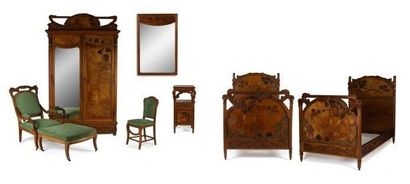 Léon CAUVY (1874-1933) Exceptionnel ensemble de mobilier de chambre à coucher, réalisé...