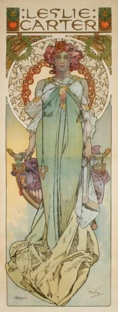 Alphonse MUCHA (1860-1939) Leslie Carter, 1908 Affiche lithographique entoilée. Strobridge...