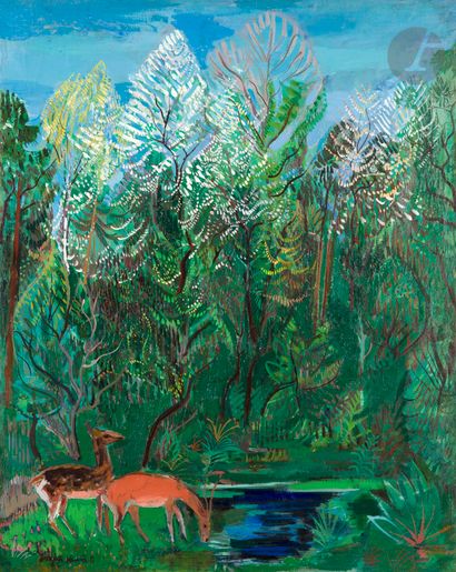 null Joseph HECHT (1891-1951)
Deer and doe drinking in a clearing
Oil on canvas.
Signed...