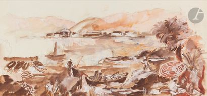 null Charles DUFRESNE (1876-1938)
Pêcheurs dans un paysage lacustre
Huile sur papier.
Signée...