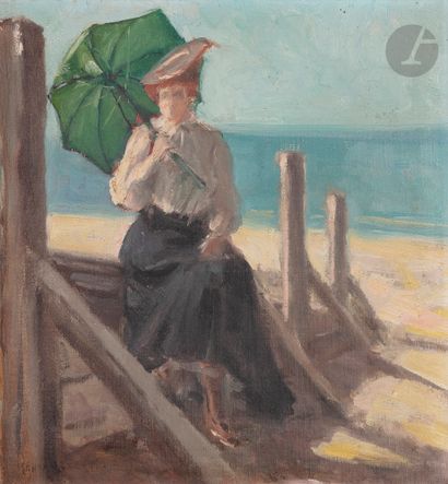 null Henri ALBERTI (1868-c.1935)
Élégante à la plage
Huile sur toile.
Signée en bas...