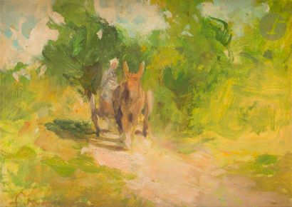 null Fernand MAILLAUD (1862-1948)
Charette with a donkey on the road
Oil on cardboard.
Signed...