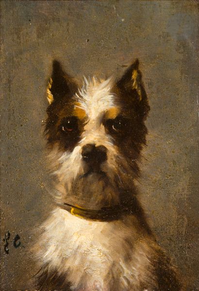 null ÉCOLE du XIXe siècle
Portraits de chien
2 huiles sur panneau.
Monogrammées «...