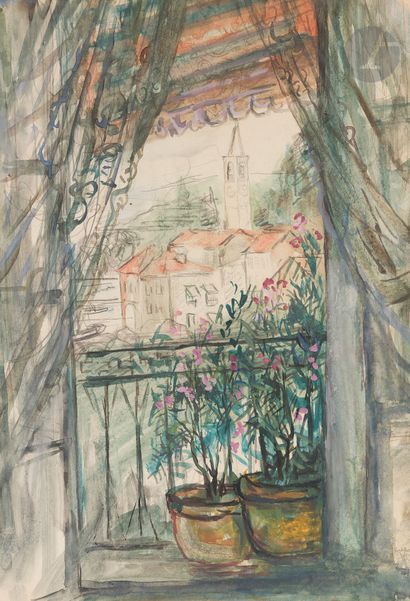 null Pierre LAPRADE (1875-1931)
Porte-fenêtre sur le village
Mine de plomb et aquarelle.
Signée...