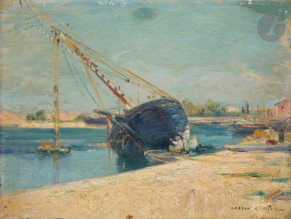 null Gaston ROULLET (1847-1925)
Bord de Seine, on peint son bateau
Huile sur panneau.
Signée...