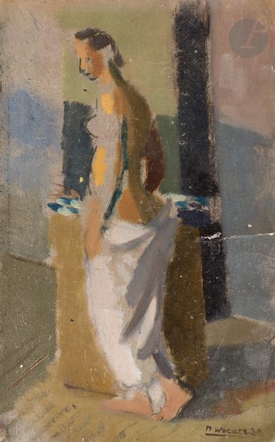 null Nicolas WACKER (1897-1987)
Model standing draped, 1929
Oil on paper pasted on...