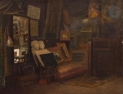 null Léon RICHET (1847-1907)
L’Atelier du peintre
Huile sur carton.
Signée en bas...