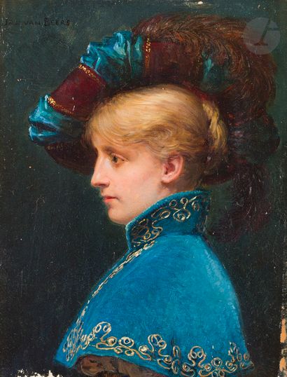null Jan VAN BEERS (1852-1927)
Élégante au chapeau
Huile sur panneau.
Signée en haut...