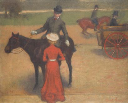null Ernest ROUART (1874-1948)
Élégante et cavalier
Huile sur toile.
Signée en bas...