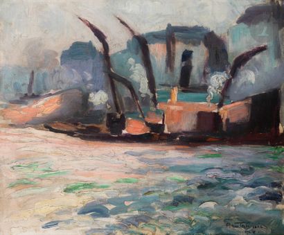 null Pierre LE TRIVIDIC (1898-1960)
Tugboat on the Seine, 1928
Oil on canvas.
Signed...