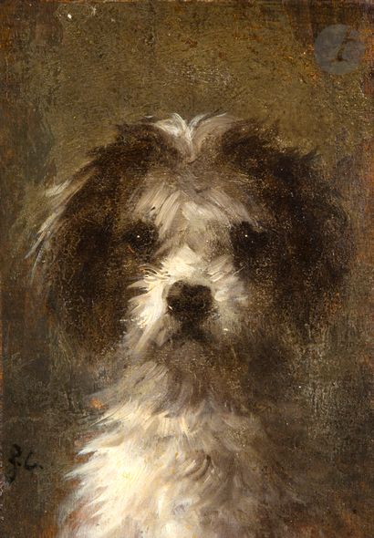null ÉCOLE du XIXe siècle
Portraits de chien
2 huiles sur panneau.
Monogrammées «...
