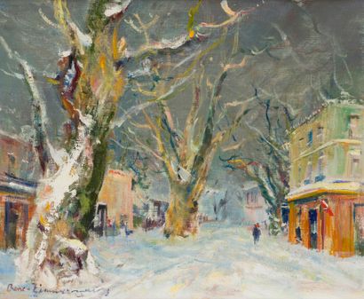 null René ZIMMERMANN (1904-1991)
Rue de village enneigée
Huile sur toile.
Signée...