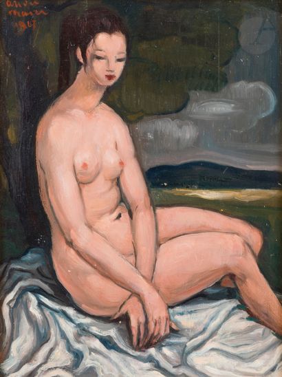 null André MAIRE (1898-1984)
Femme nue assise au drapé, 1967
Huile sur carton.
Signée...