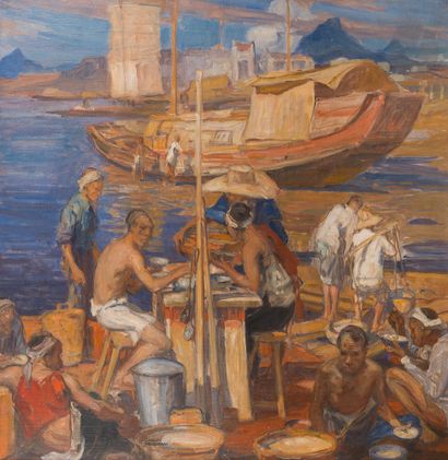 null Charles FOUQUERAY (1869-1956)
Indochine, bord de rivière animé
Huile sur toile.
Signée...