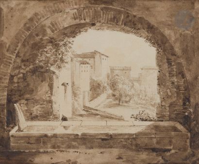null François Marius GRANET 
(Aix-en-Provence 1775 - 1849)
Lavoir à Rome
Lavis bistre,...